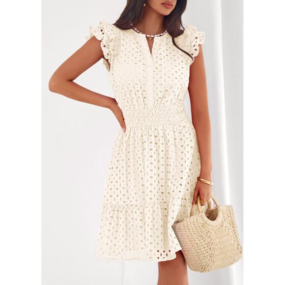 Women's Beige V Neck Eyelet Cap Sleeve Summer Beach Vacation Sundresseses - Picture 7 of 8